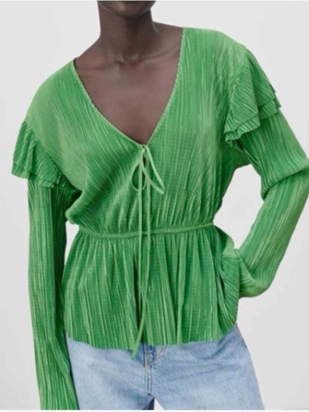 ZARA Green V-Neck Tie-Front Women's Top